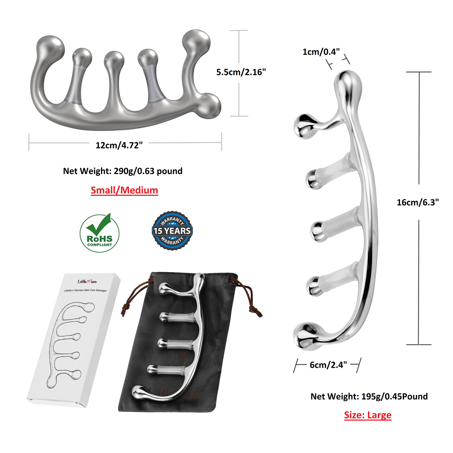 Claw palm massage tool grips for broad and focused pressure