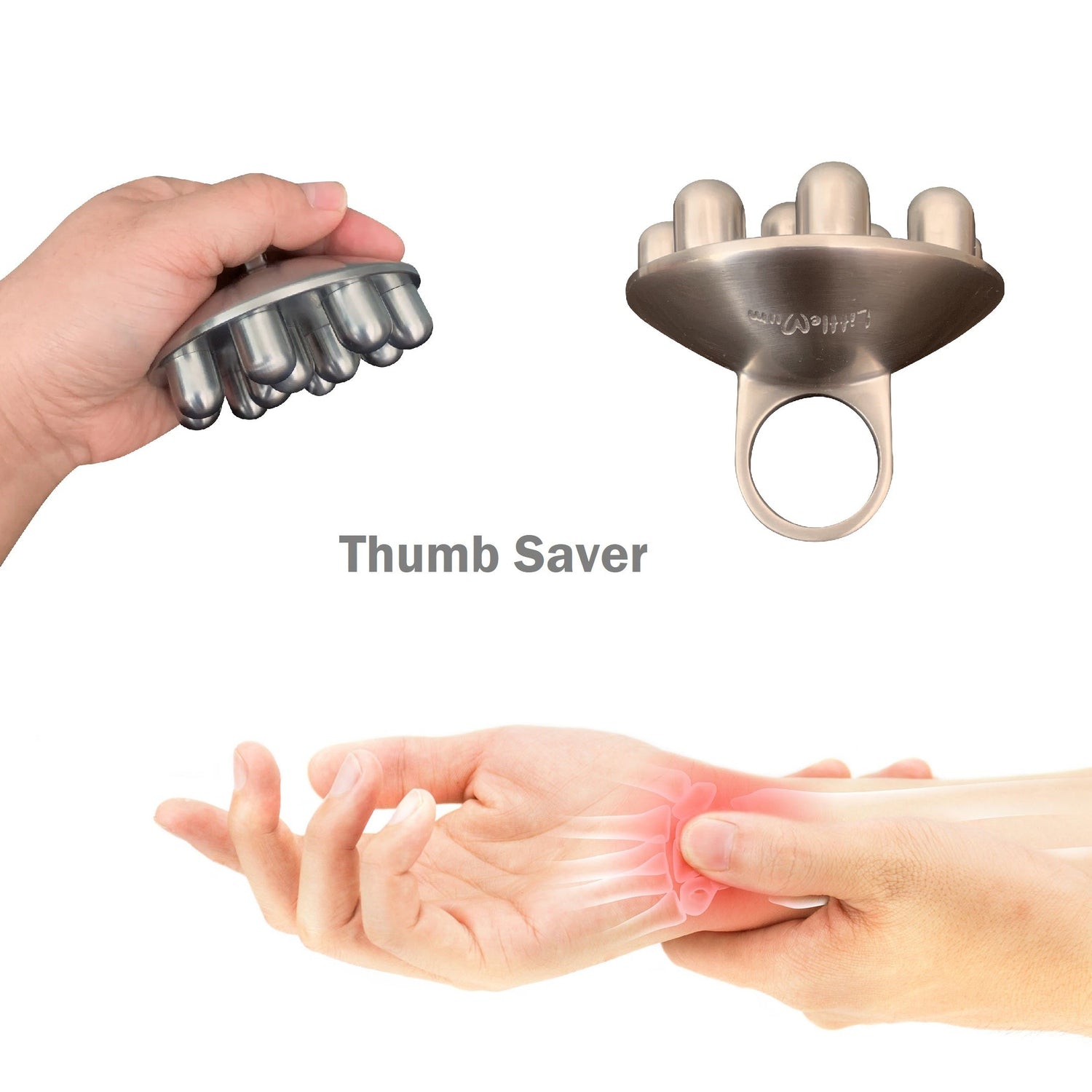 Palm massage tool designed to reduce repetitive thumb and wrist effort