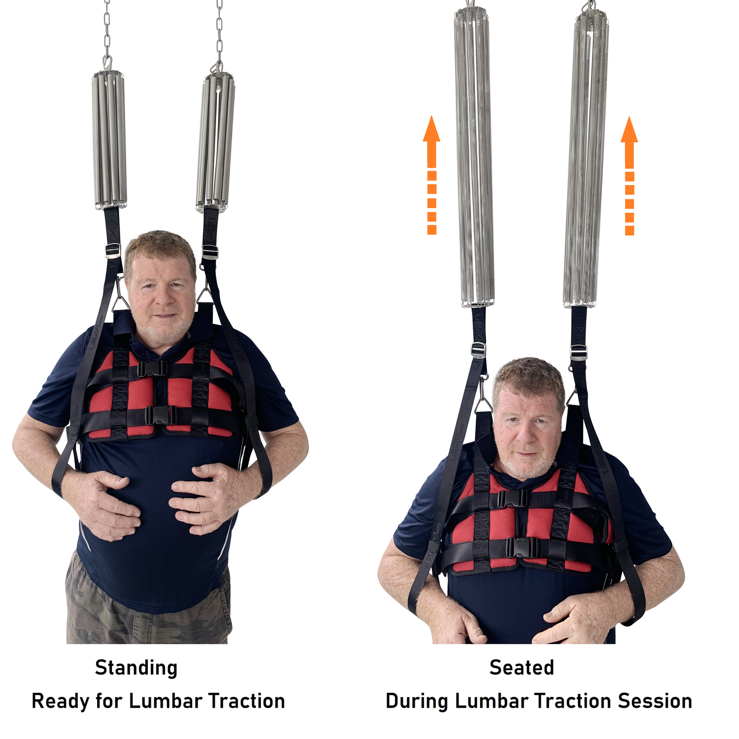 Standing-to-seated lumbar traction with progressive bilateral spring support