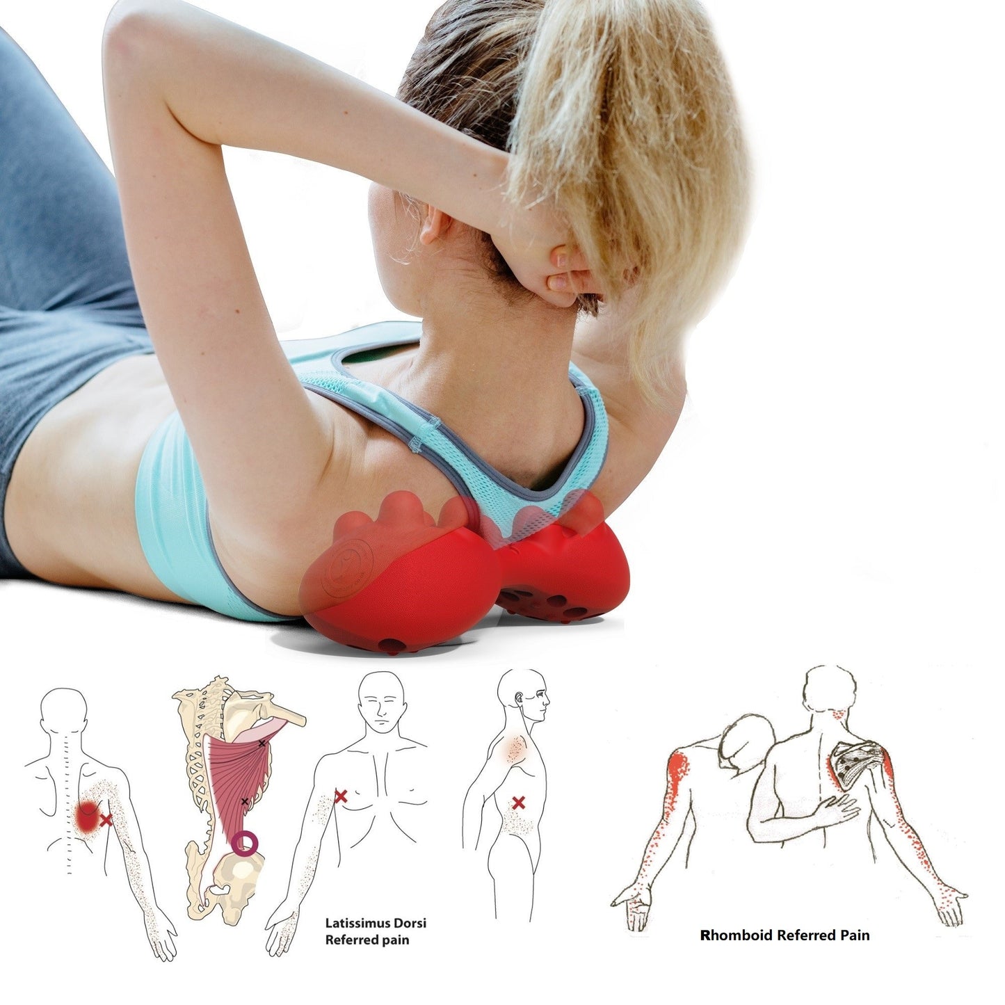Upper-back trigger point massager for latissimus dorsi and rhomboids